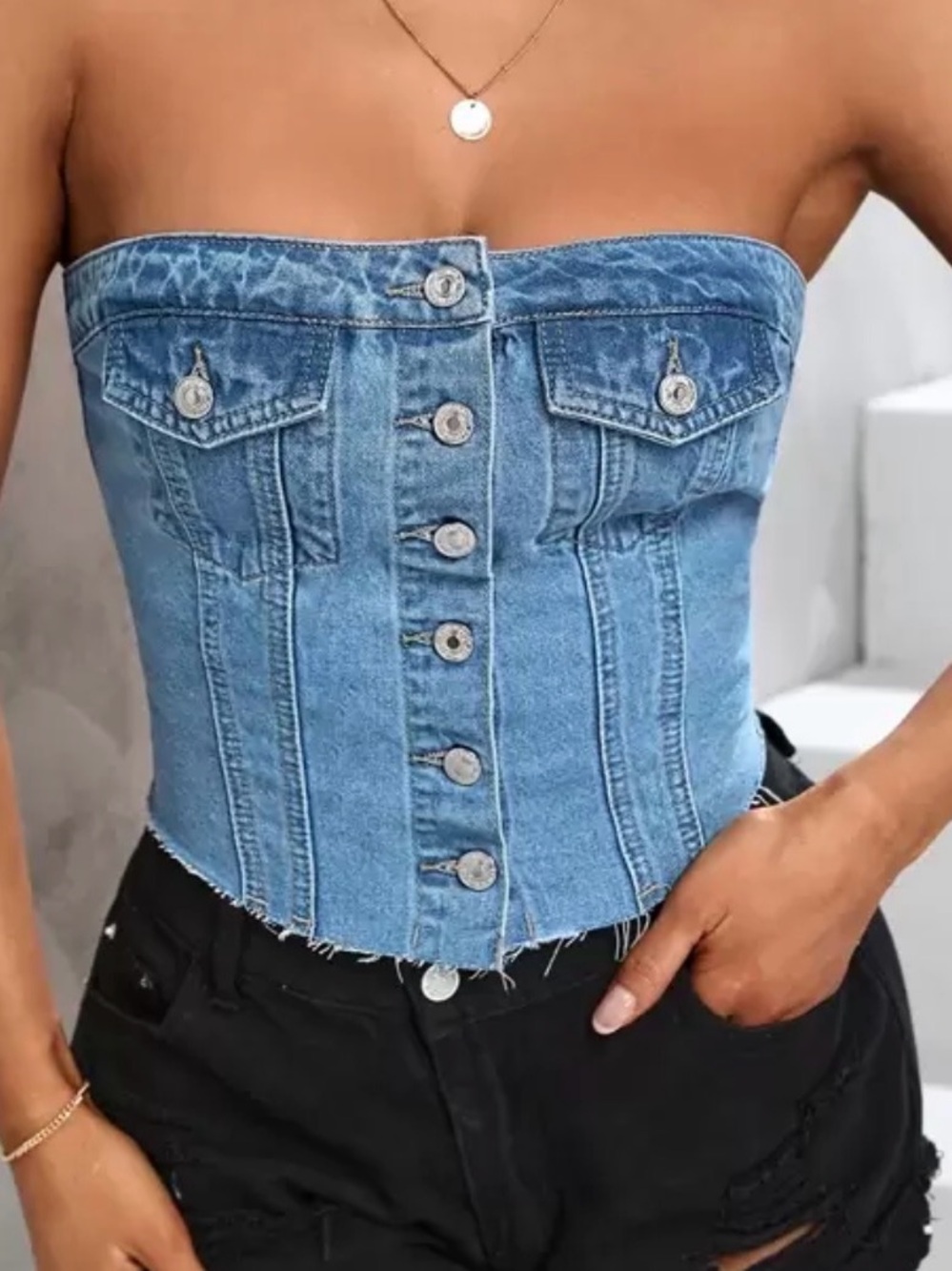 Denim Button-Front Strapless Corset Top - Light Blue